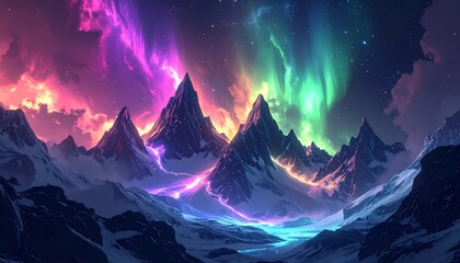 Vibrant Aurora Borealis over Majestic Snow-Capped Mountains at Night.