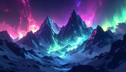Vibrant Aurora Borealis over Majestic Snow-Capped Mountains at Night.