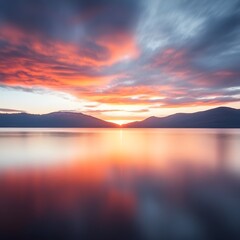 Fototapeta premium Serene lake landscape at sunrise with vibrant colors and mountain silhouettes