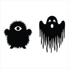 Two cute cartoon monster and ghost silhouettes isolated on white background