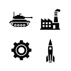 Obraz premium Set of four iconic black silhouette icons representing industry and warfare a military tank, a factory with smoke, a gear cog, and a rocket, on a clean white background.