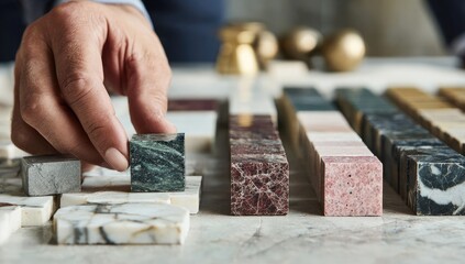 A hand placing a marble block among a collection of various colored stone samples