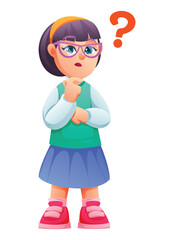 Little girl wearing glasses, thinking deeply with her hand on her chin and a question mark. Vector cartoon illustration