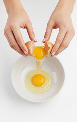 Macro Close-Up of Woman’s Hands Cracking a Fresh Egg into Bowl – Hyperrealistic Studio Photography, White Background, High-Detail Food Capture
