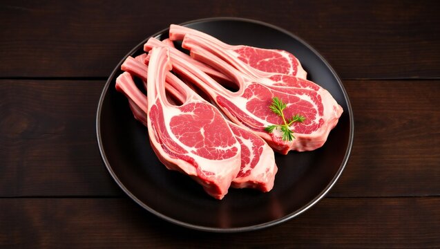 Raw rack of lamb chops on a dark plate with herbs