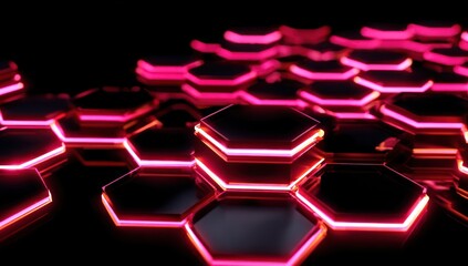 3D abstract hexagonal pattern illuminated with neon pink light against a black background