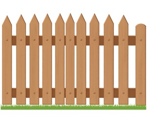 Fototapeta premium A simple wooden picket fence stands tall against a backdrop of vibrant green grass.