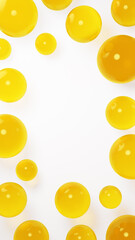 3D Illustration.Multiple yellow water droplets on a white background. Background material. Copy space. (Vertical)