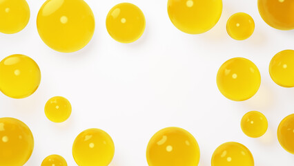 3D Illustration.Multiple yellow water droplets on a white background. Background material. Copy space. (Horizontal)