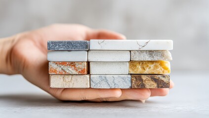 Hand holding stack of various stone samples, showcasing different textures and colors
