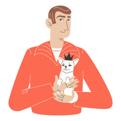 Man holding small white dog with black crown