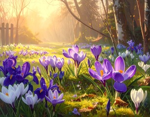 Beautiful spring landscape with blooming crocus flowers in a sunlit meadow