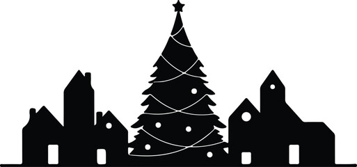 Naklejka premium Vector silhouette Christmas tree town winter holiday season illustration