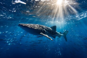 Naklejka premium Sunlight filters through the oceans surface, illuminating a majestic whale shark swimming gracefully, showcasing the beauty and serenity of marine life in its habitat