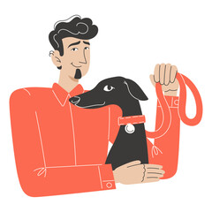 Man in orange shirt holding black dog and red leash