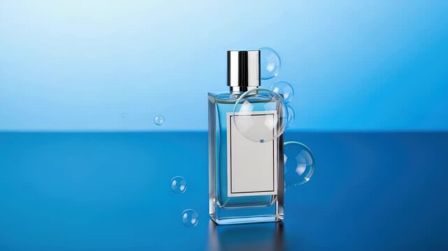 Clear rectangular bottle silver cap white label light blue liquid reflective dark blue surface Many translucent bubbles float around it set against gradient blue background