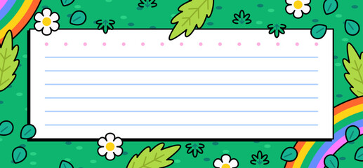 Note card template with lined paper, rainbow border, green leaves, and daisy flowers in a playful flat cartoon style stationery design, kids notes, greeting cards, invitations vector illustration