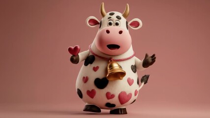 A 3D render of a cute cartoon cow with heart-shaped spots, a bell, holding a red heart on pink - Powered by Adobe