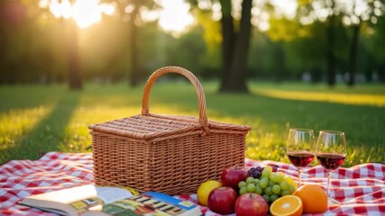 Golden hour picnic wicker basket two red liquid glasses fresh fruit apples grapes oranges lemon and an open book on red/white checkered blanket in park sunlight dappling grass - Powered by Adobe