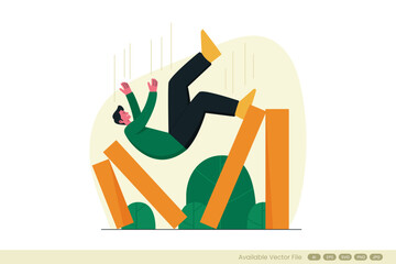 Man falling amidst orange blocks and green shapes