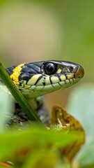 Obraz premium Close-up of a snake's head among green leaves