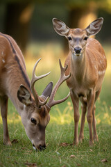 Two Deer in Natural Habitat – One Grazing, One Looking at Camera, Hyperrealistic Wildlife Photography, Forest or Meadow, High-Detail Capture
