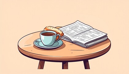 Cozy morning scene with coffee, newspaper, pastry on wooden table. Clean illustration.