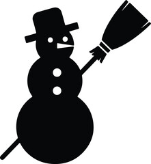 Vector silhouette of a snowman holding a broom illustration