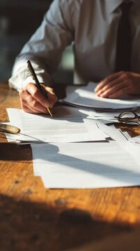 a person in a white shirt and tie, writing with a pen on papers at a wooden table with scattered documents and glasses