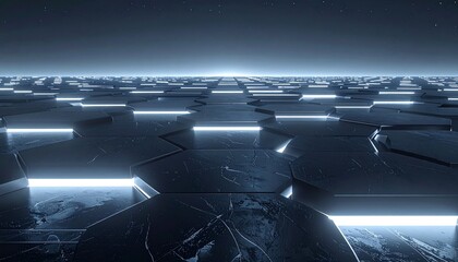 Dynamic glowing hexagonal grid surface. Abstract futuristic tech background.