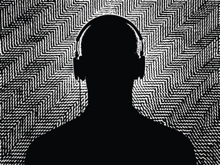 Intense monochrome art featuring a silhouetted figure with headphones against a mesmerizing geometric pattern, ideal for music or abstract themes