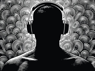 Intense music experience with headphones on, abstract design art for audiophiles, stylish and trendy for music lovers, black and white illustration