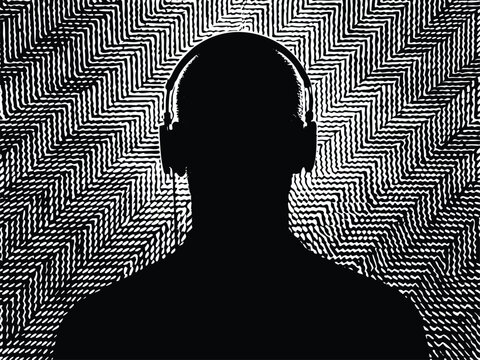 Intense monochrome art featuring a silhouetted figure with headphones against a mesmerizing geometric pattern, ideal for music or abstract themes