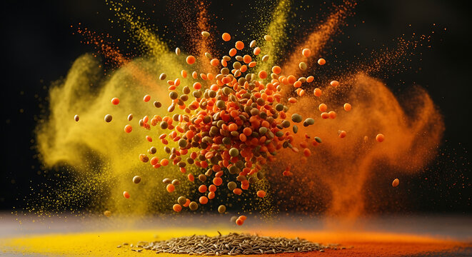 An energetic and vibrant explosion of colorful spice powders and seeds against a dark, dramatic background