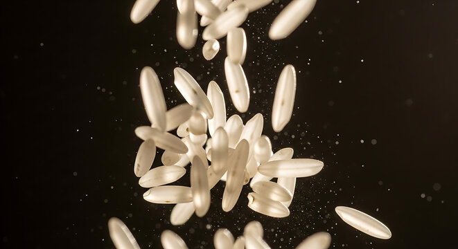 Dynamic close-up of individual white rice grains gracefully falling and scattering against a deep, dark background, emphasizing their pristine texture and culinary versatility - Powered by Adobe