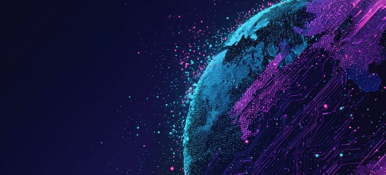 Digital globe rendered with circuit board texture, illuminated with blue and purple hues against a dark background