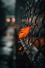A vibrant orange leaf clings to a chain-link fence in a rainy urban scene. Bokeh lights blur the background