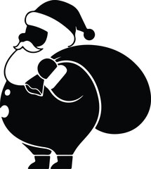 Vector silhouette Santa Claus carrying sack black and white illustration