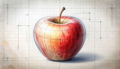 Stylized apple on blueprint paper, blending nature with technical design.
