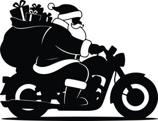 Vector silhouette Santa Claus riding motorcycle delivering gifts illustration