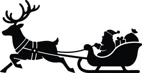 Vector silhouette Santa Claus rides reindeer sleigh delivering gifts illustration