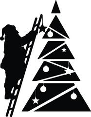Vector silhouette Santa decorating geometric Christmas tree illustration