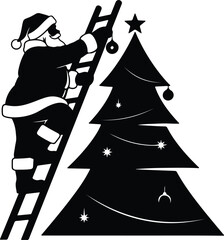 Vector silhouette Santa decorating Christmas tree with star illustration
