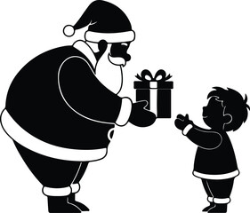 Vector silhouette Santa giving gift to child illustration