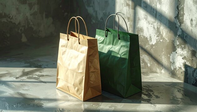 Two eco-friendly paper shopping bags, brown and green, on concrete. Sustainable retail concept. - Powered by Adobe