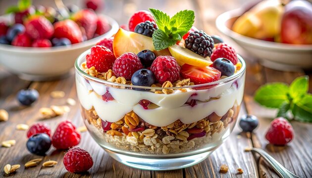 Vibrant, healthy yogurt parfait with fresh berries, granola, mint.
