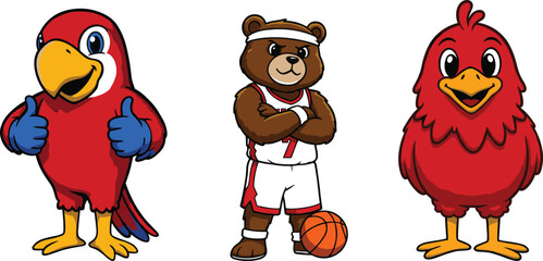 Obraz premium Cartoon parrot, basketball bear mascot, and red bird character illustration for sports team, cute animal mascots, vector art, competitive sports