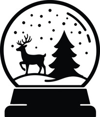 Vector silhouette snow globe with christmas tree and reindeer illustration