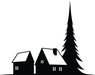 Vector silhouette winter landscape with houses and fir tree illustration