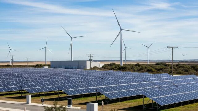 Rows of blue solar panels stretch across the foreground while tall white wind turbines power lines and grey utility building stand against bright blue sky in the background illustrating clean energy f